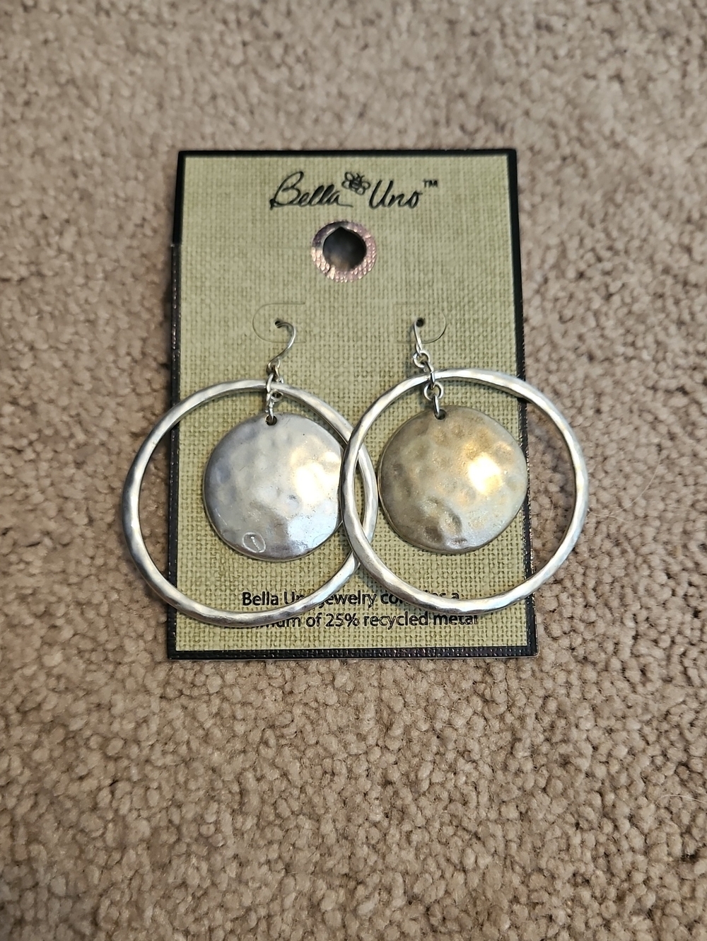 NWT Bella Uno Silver-Tone Hammered Hoop Drop Earrings